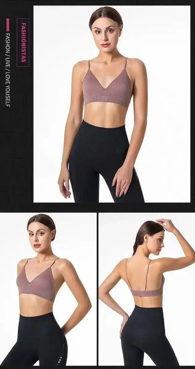 Simples Market V-neck seamless triangle-cup bra camisole in mauve; breathable women's underwear worn with black leggings