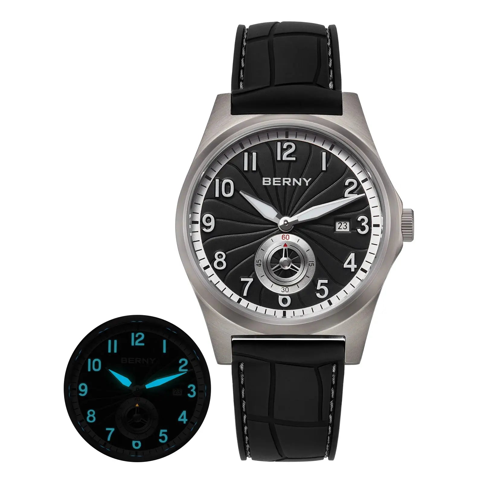 BERNY titanium automatic men’s watch with black dial, luminous hands, 10ATM waterproof, black strap