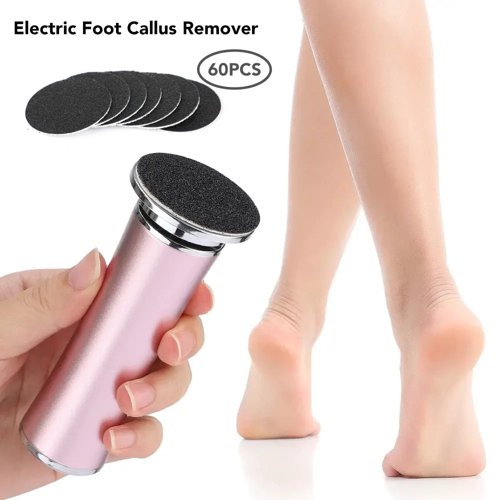 Electric foot callus remover with pink cordless handle and 60-piece black replacement sandpaper discs