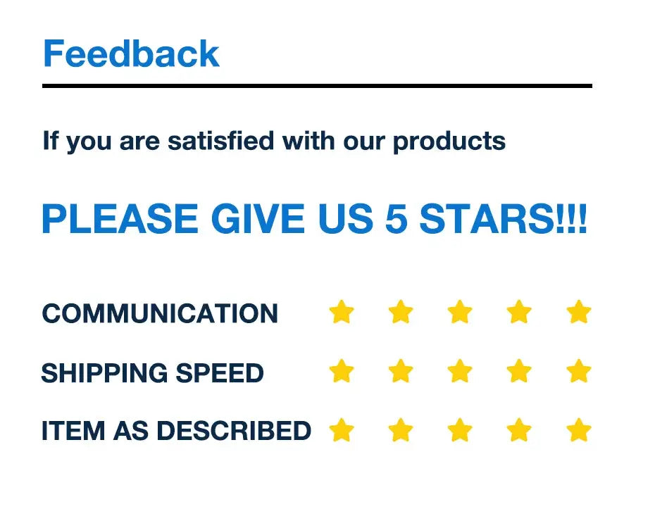 Feedback form graphic with blue Feedback header and yellow star ratings for communication, shipping, item as described