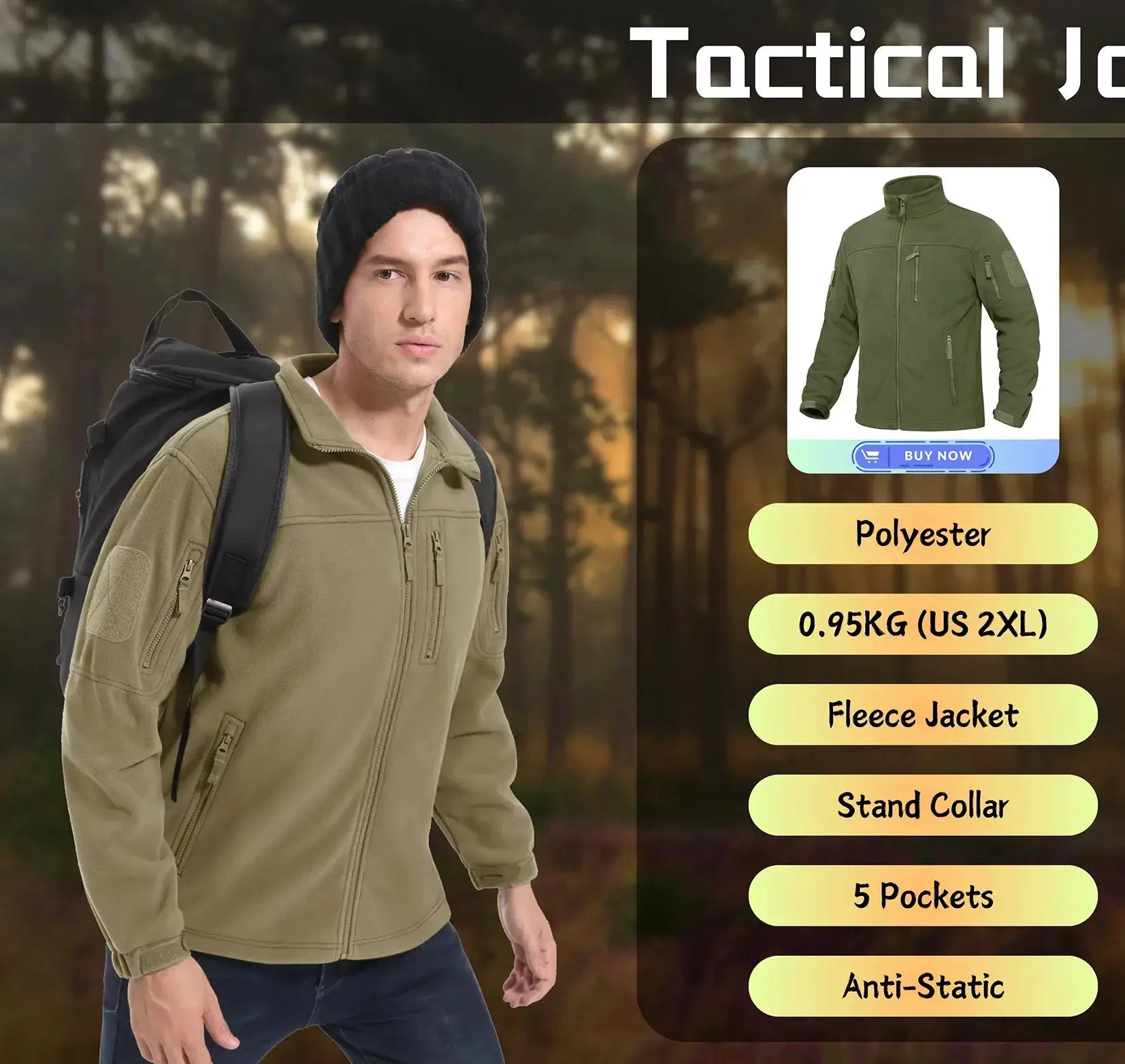 Simples Market KEFITEVD men's fleece jacket in khaki with zip pockets and stand collar