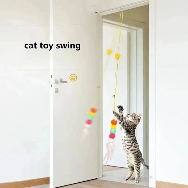 Feather Ball Caterpillar cat toy, hanging retractable rope with colorful beads and feathers