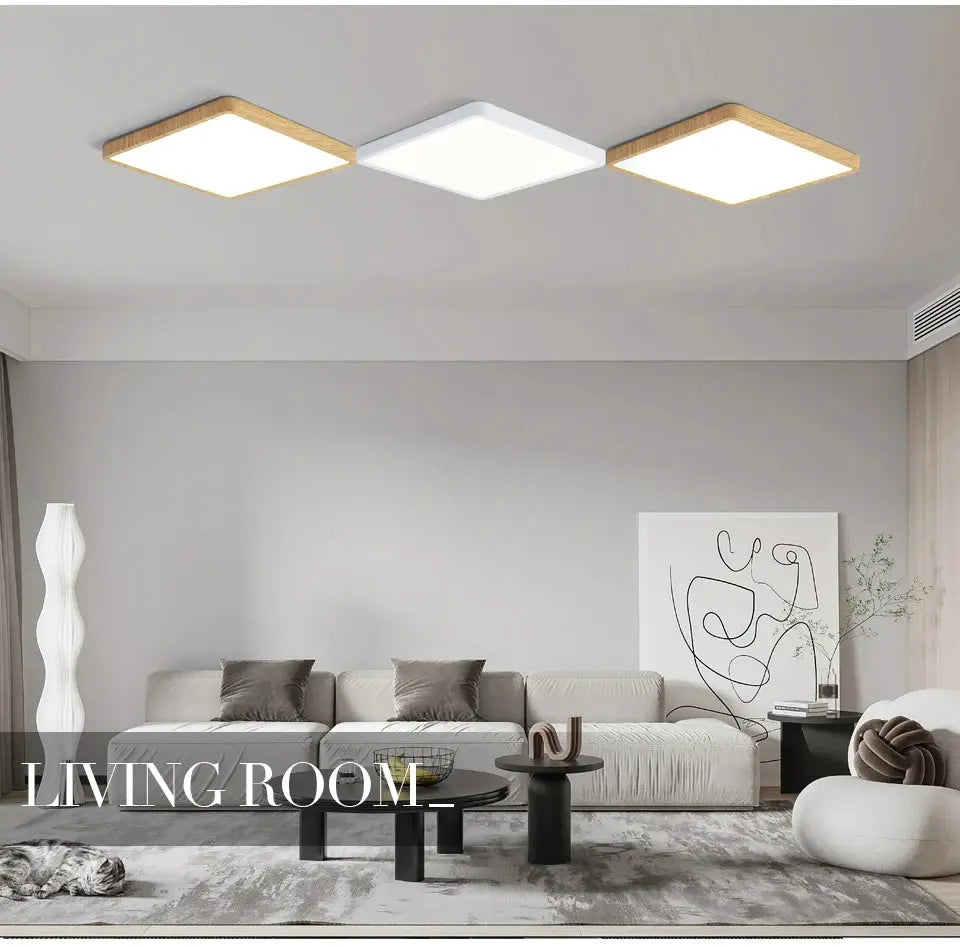 Simples Market MARPOU ultra-thin LED ceiling light with three square wood-grain panels for living room.