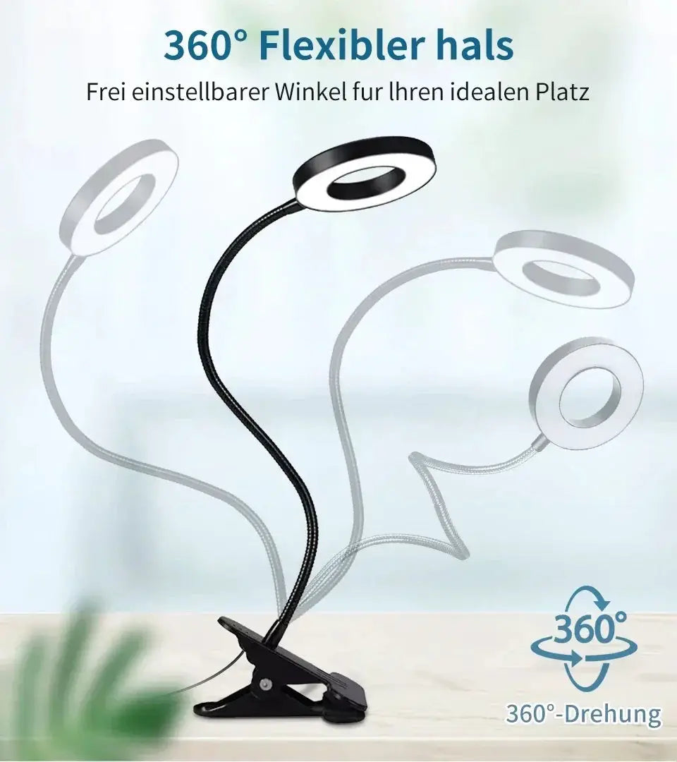 LED desk clip study lamp, black, USB-powered with flexible gooseneck and ring light, 360° rotation
