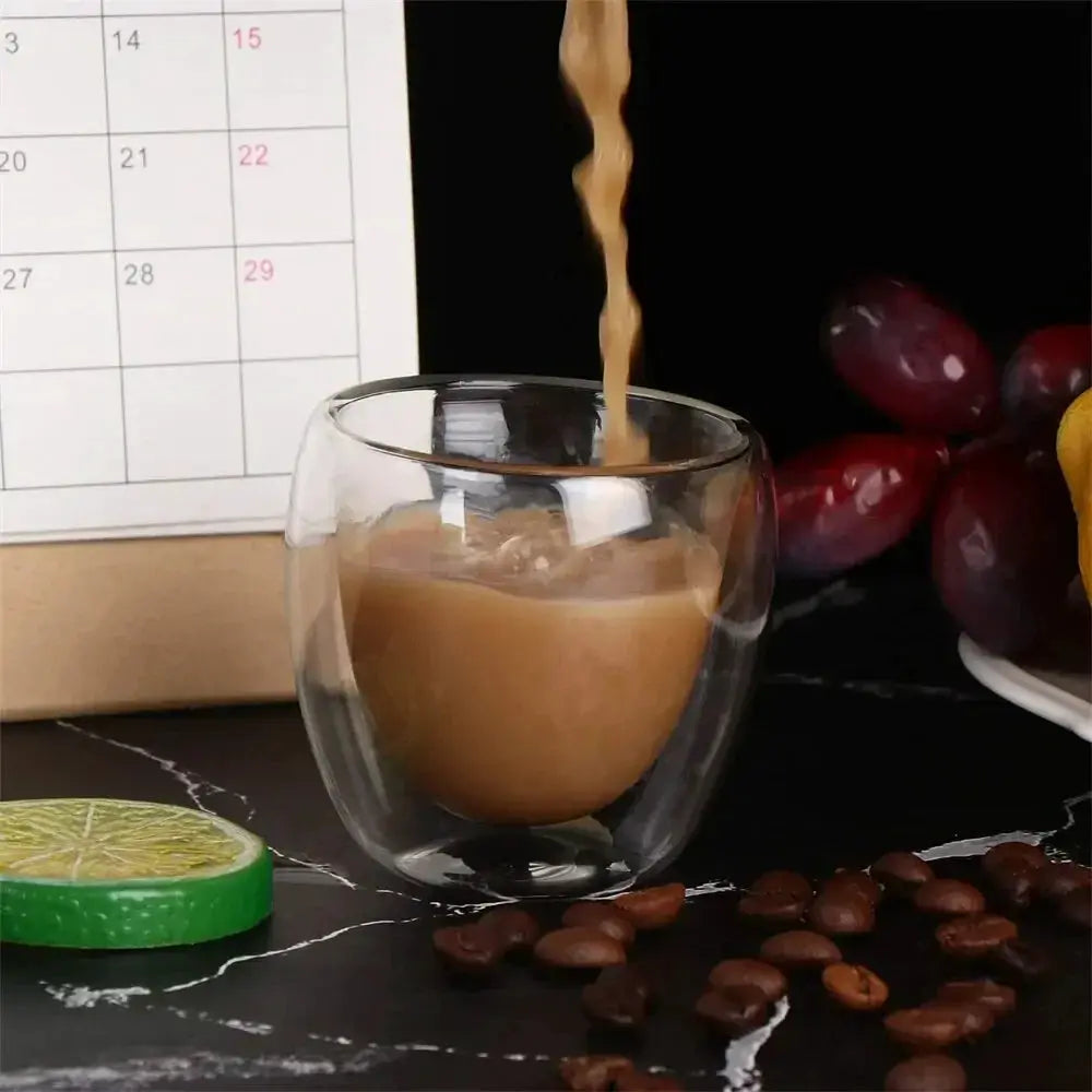 ClearGlass Double Wall Glass Cups Set of 6 80ml Insulated Handsafe Mugs for Coffee Tea Beer