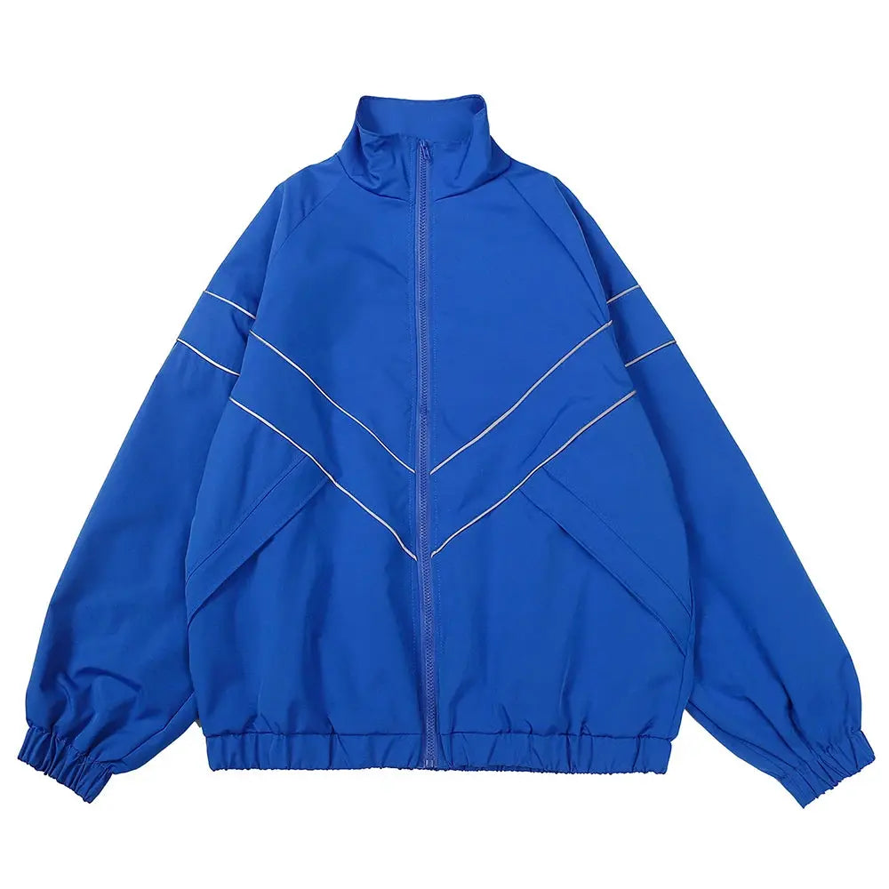 Blue windbreaker jacket with white chevron piping, zip front, elastic cuffs.