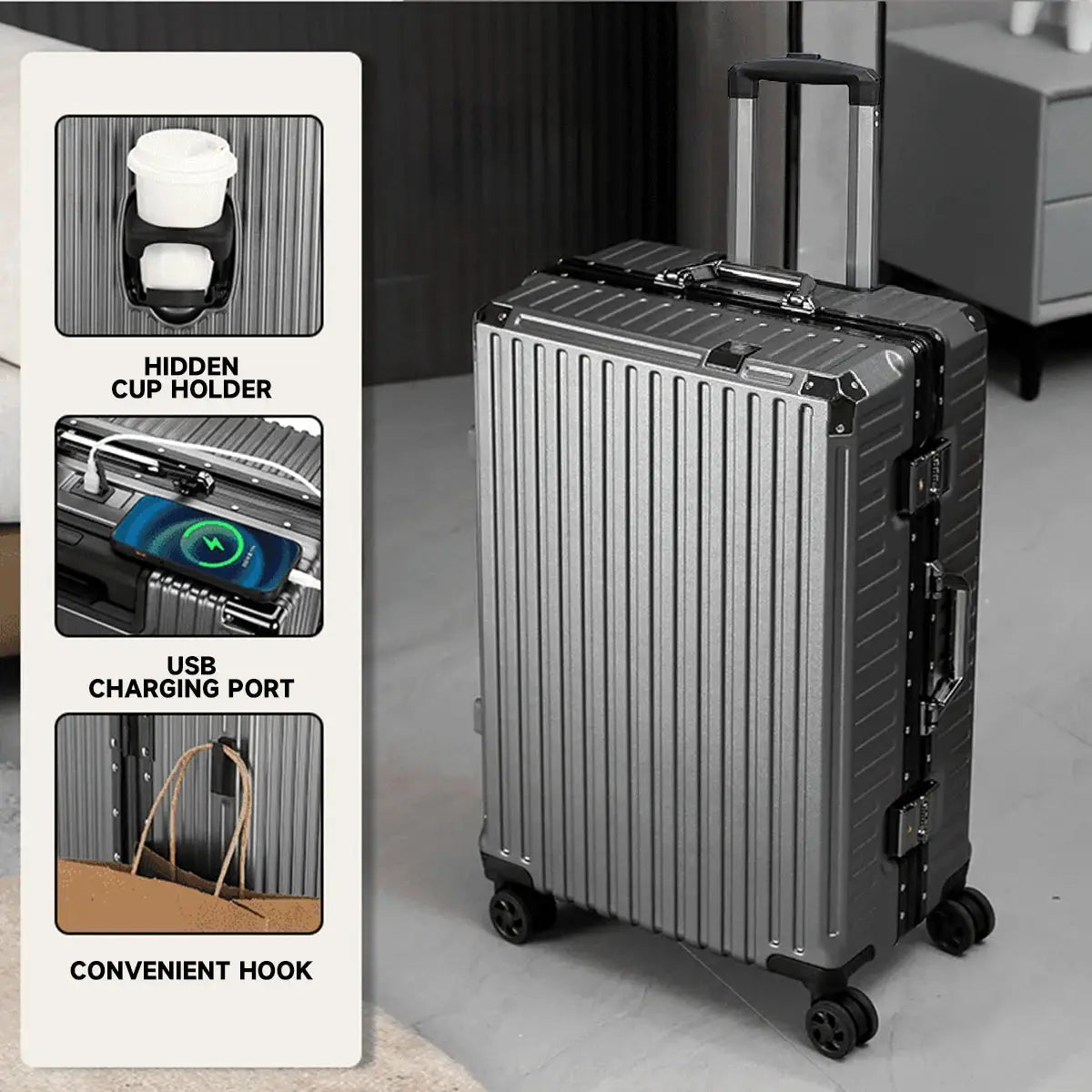 Trolley Luggage Aluminum Frame Rolling Suitcase Durable Carry On With USB Charging And 360 Degree Spinner Wheels