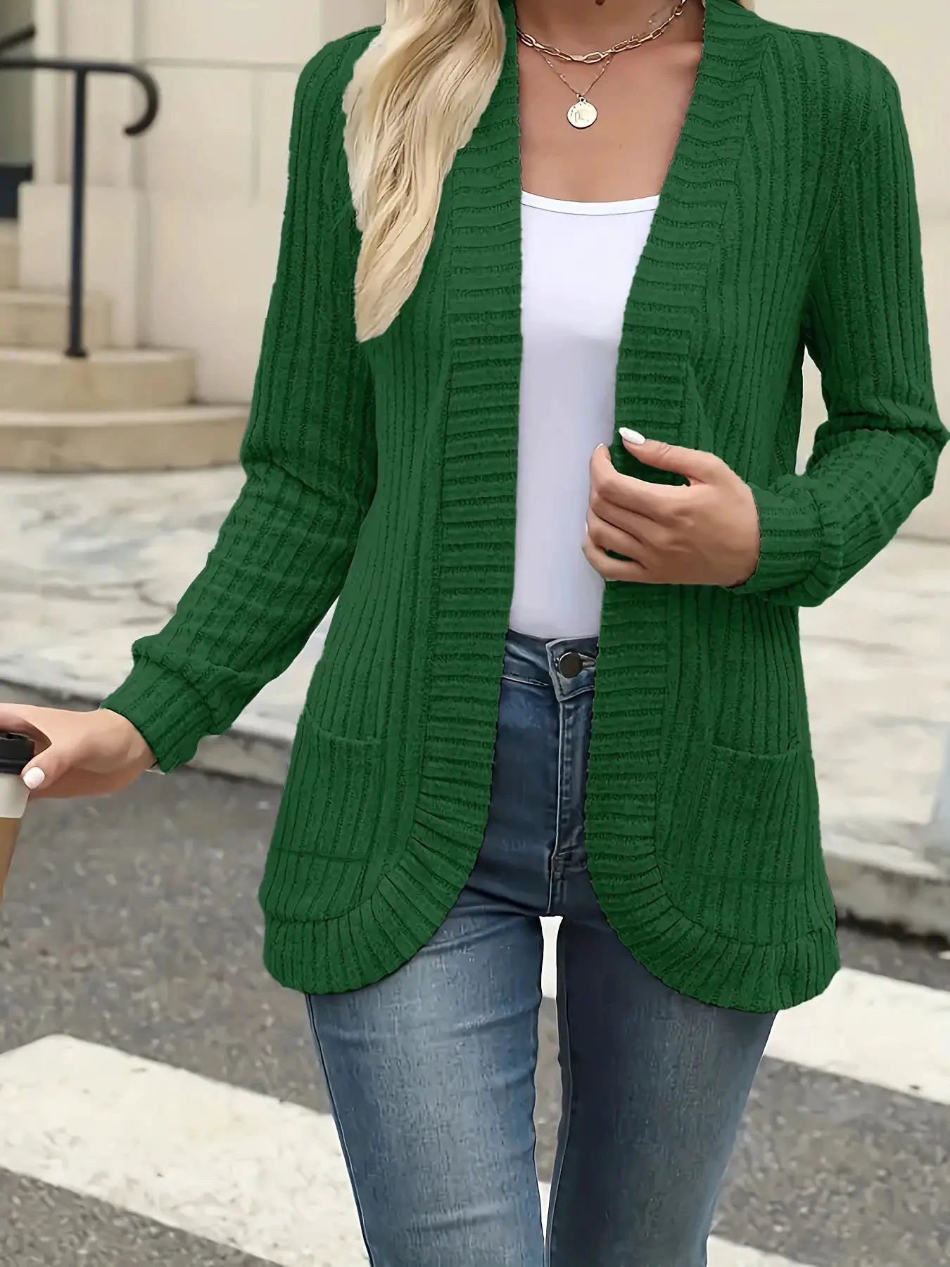 StyleNest Solid Color Brushed Pinstripe Cardigan Jacket For Women With Cozy Warmth And High Stretch Knit