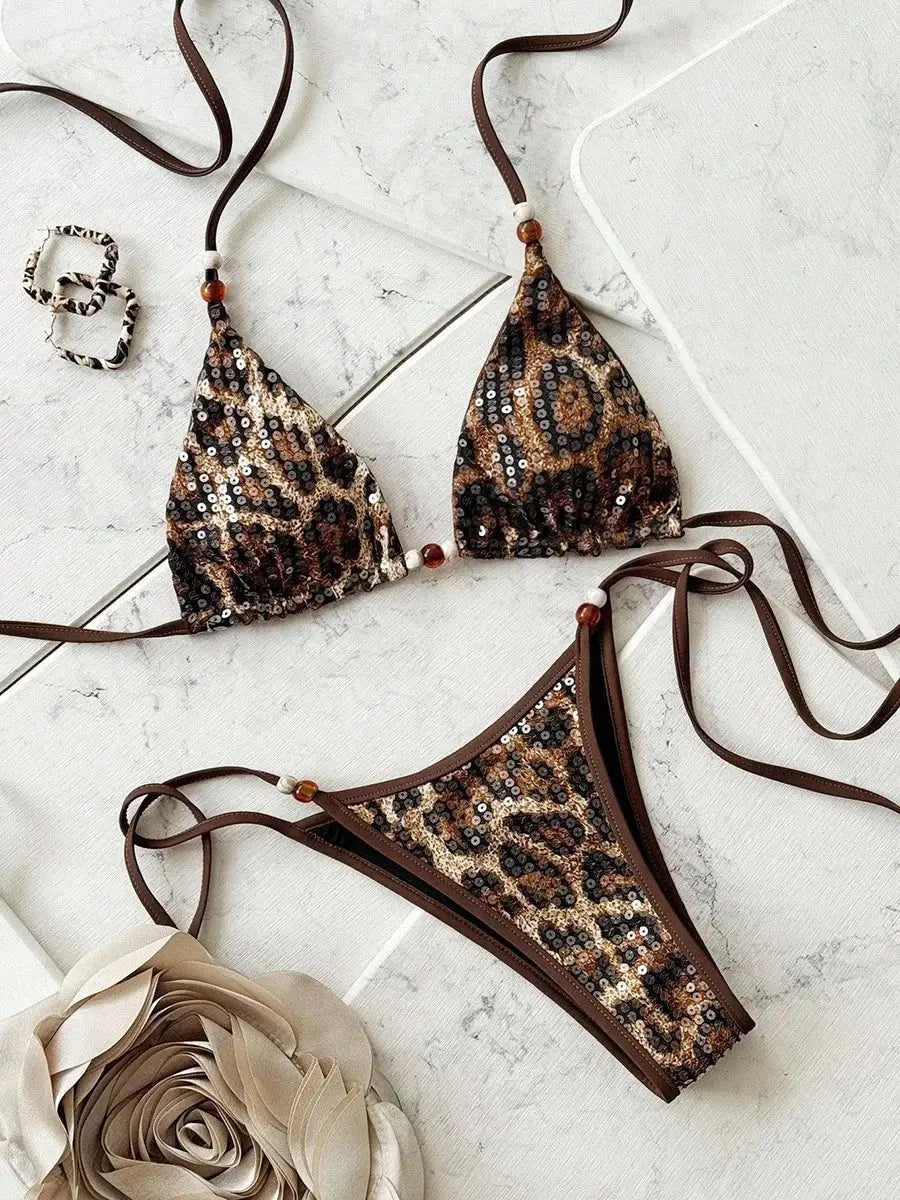 Simples Market leopard sequin bikini set, two-piece halter with brown straps