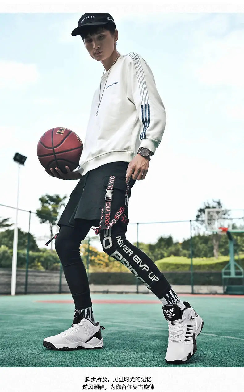 Men's sneakers by Simples Market, white athletic running shoes with black detailing on a basketball court