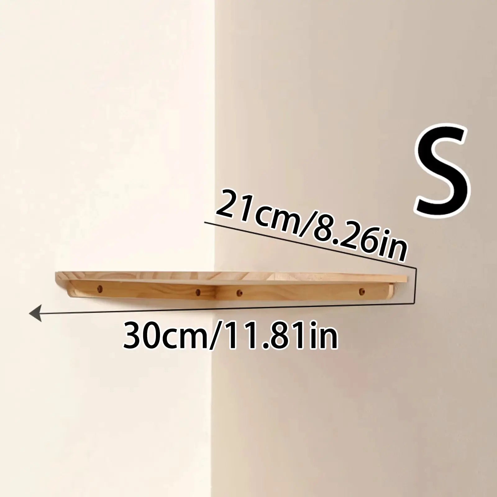 Simples Market wall corner wooden floating shelf with round end, natural wood finish, 30cm long