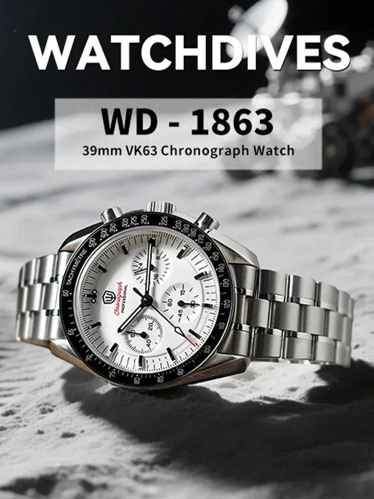 Watchdives WD-1863 VK63 stainless steel chronograph watch with white dial and black bezel, 39mm