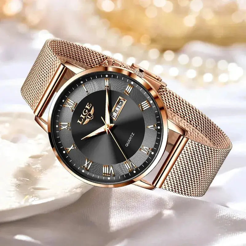 LIGE women’s quartz watch with rose-gold stainless steel mesh band and black dial, Simples Market