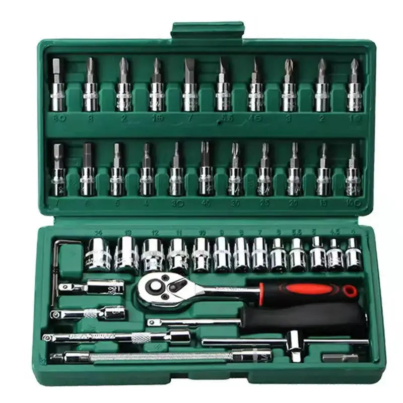 46 Piece Carbon Steel Tool Set With Sockets Ratchet Wrench And Screwdrivers For Household Motorcycle And Car Repair