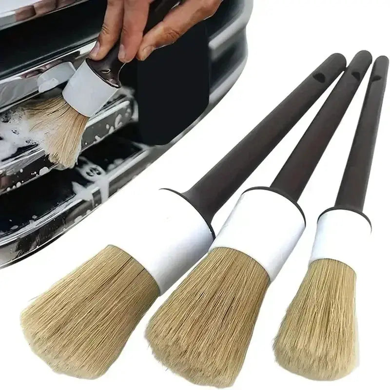Three Piece Car Exterior And Interior Detail Brush Set With Boar Hair Bristles For Auto Detailing And Dashboard Cleaning