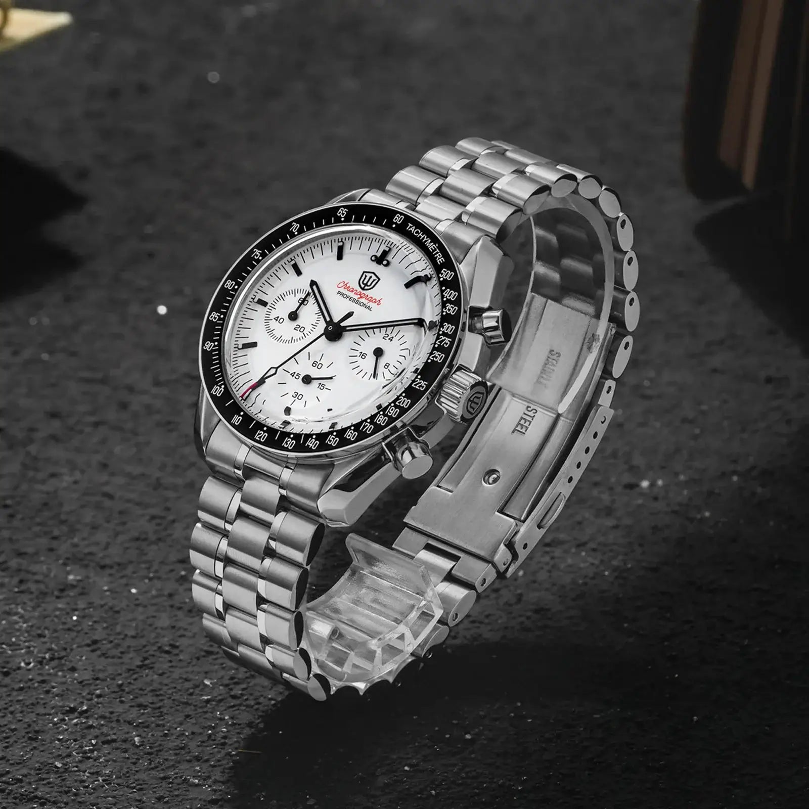 Watchdives WD1863 chronograph watch with stainless steel bracelet, white dial and tachymeter bezel