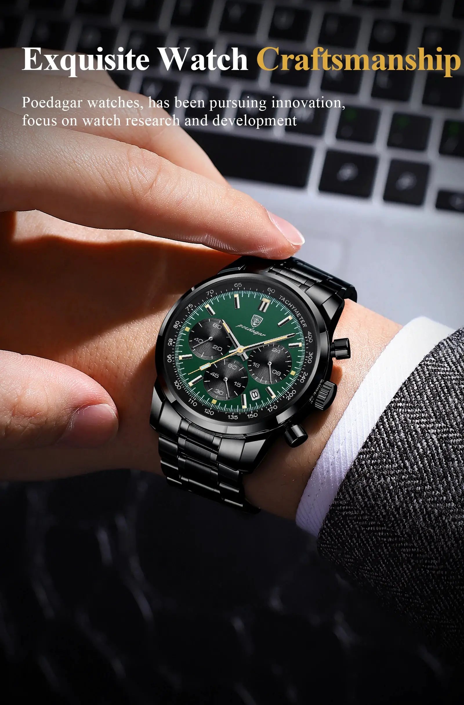 POEDAGAR men's chronograph watch with green dial on black stainless steel band