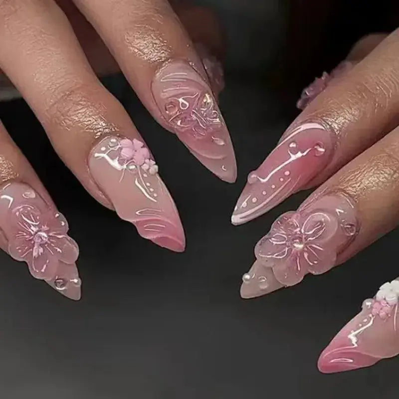 GlamNail Pink Almond Press On Nails Full Coverage Carved Flower 3D Ripple French Tips Golden Pearl Finish