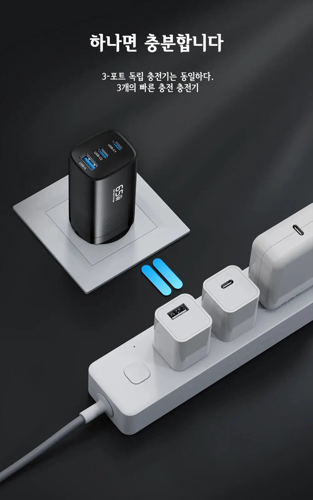 Simples Market GaN USB-C charger, black, 3-port fast charger on a white power strip with three adapters