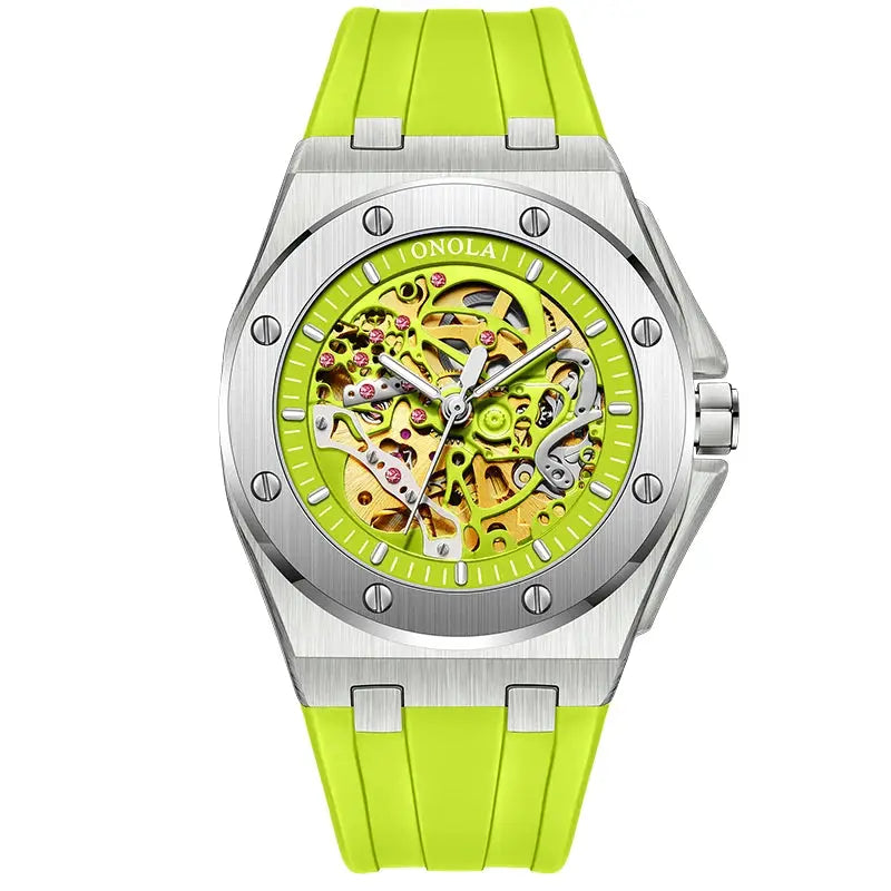 ONOLA skeleton automatic watch for men with lime green silicone strap, brushed stainless steel case, exposed gears.