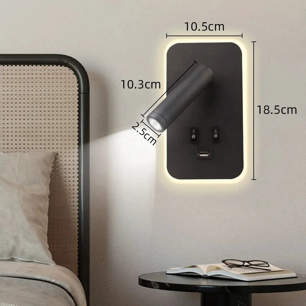 Simples Market chargeable USB wall lamp with rotatable head, black metal wall plate and built-in USB port