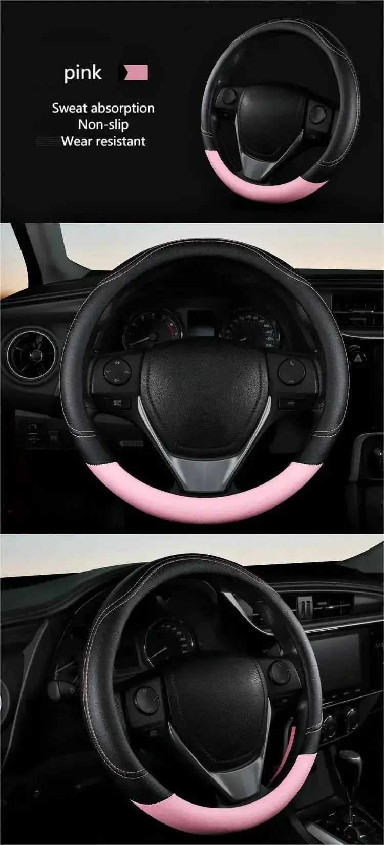 PU leather steering wheel cover, two-tone black and pink, anti-slip, universal fit