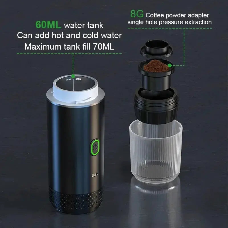 DENOKIN Wireless Electric Portable Espresso Coffee Machine for Car Home Camping 3 In 1 Capsule Powder Maker