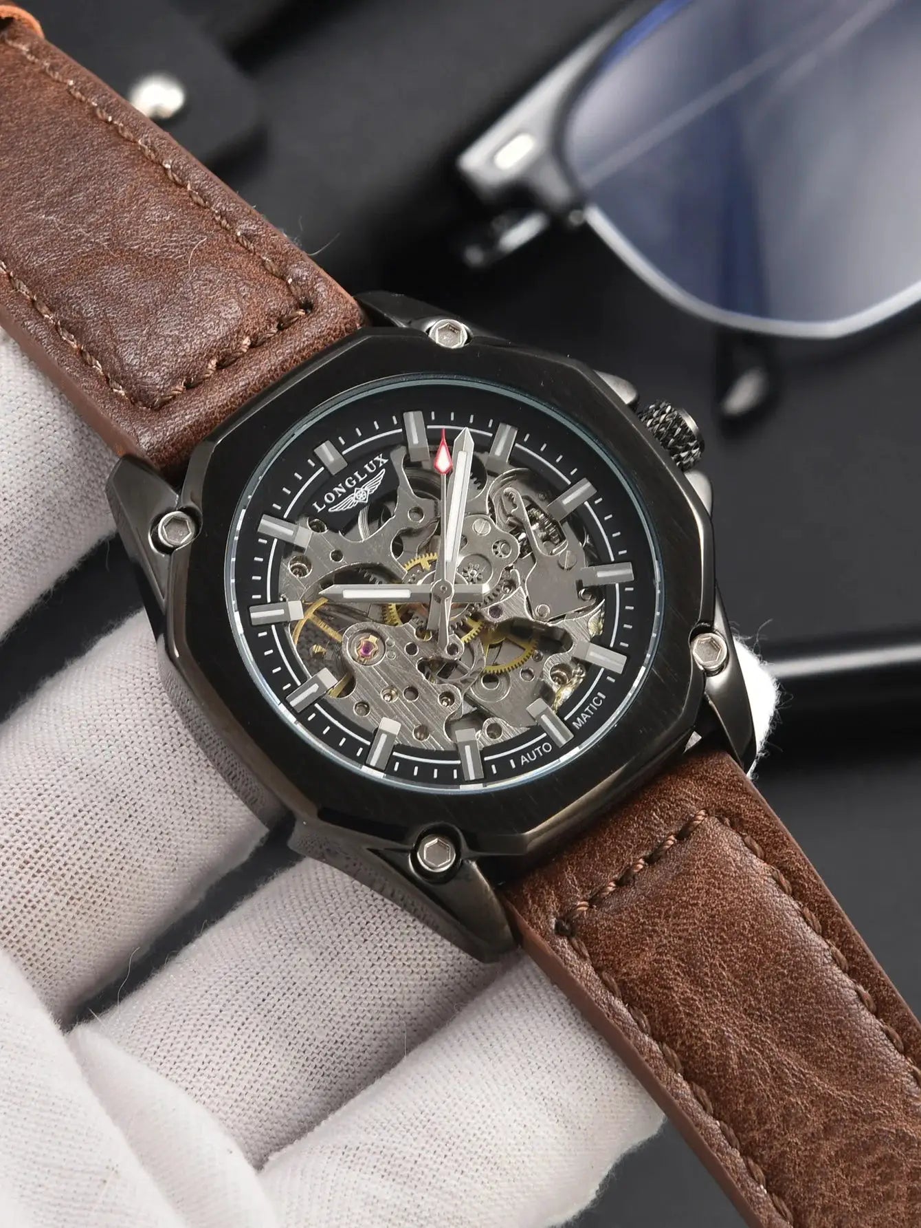 Longlux skeleton automatic watch for men with black case and brown leather strap