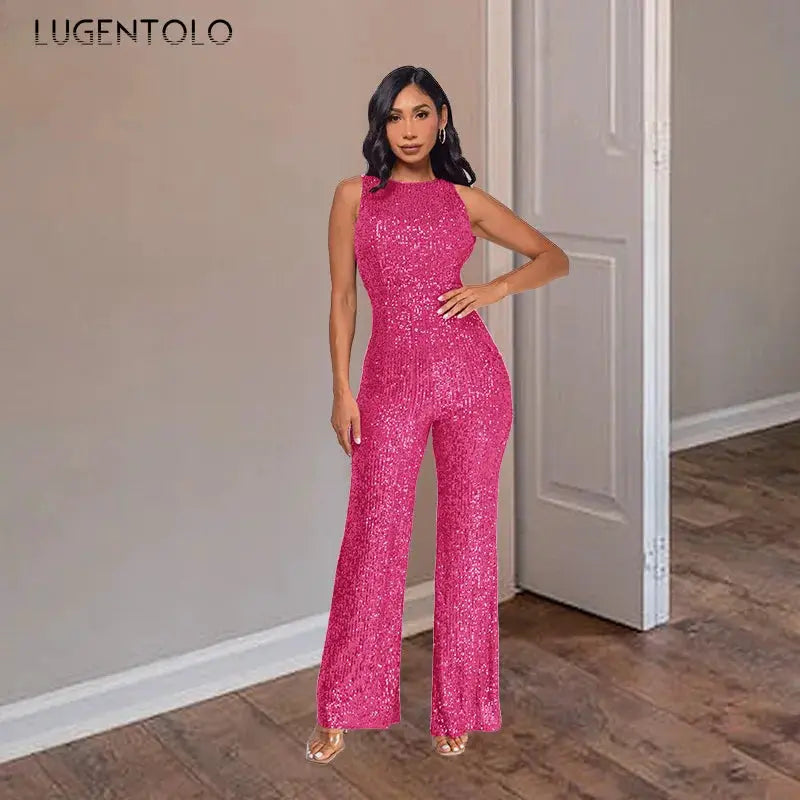 Sequin pink jumpsuit for women by Simples Market; sleeveless, high-waist, fitted glamorous style.