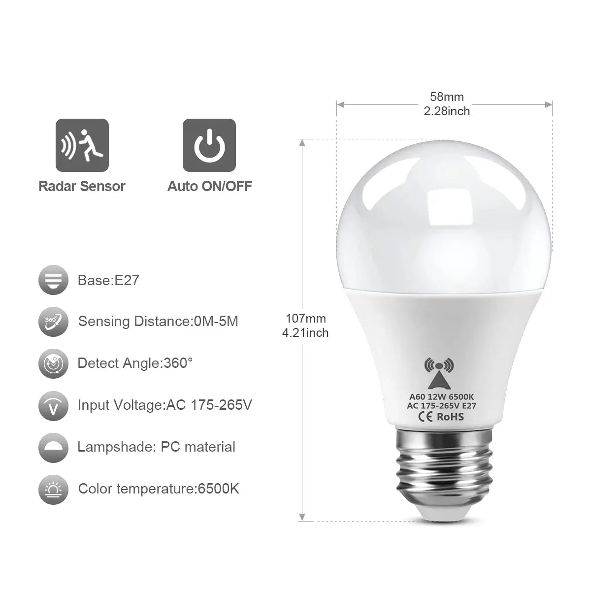 LED night light with radar motion sensor and auto on/off; E27 base, white PC lampshade, 6500K daylight