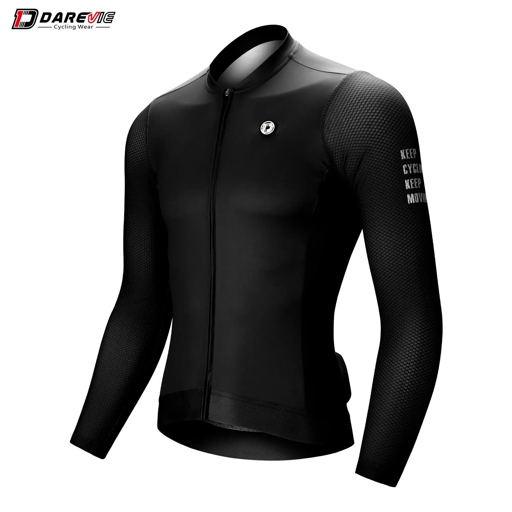 DAREVIE cycling jersey, black long-sleeve with textured mesh sleeves and chest logo