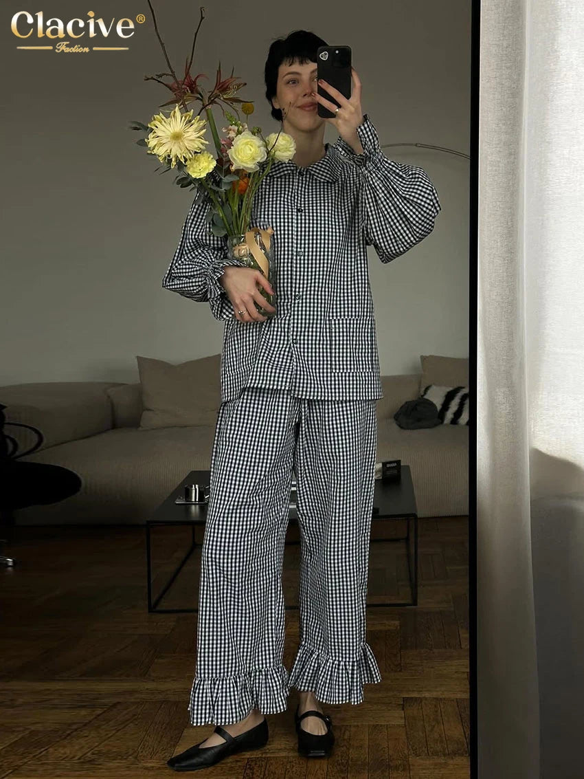 Clacive Plaid Cotton 3 Piece Set Long Sleeve Shirt High Waist Pants