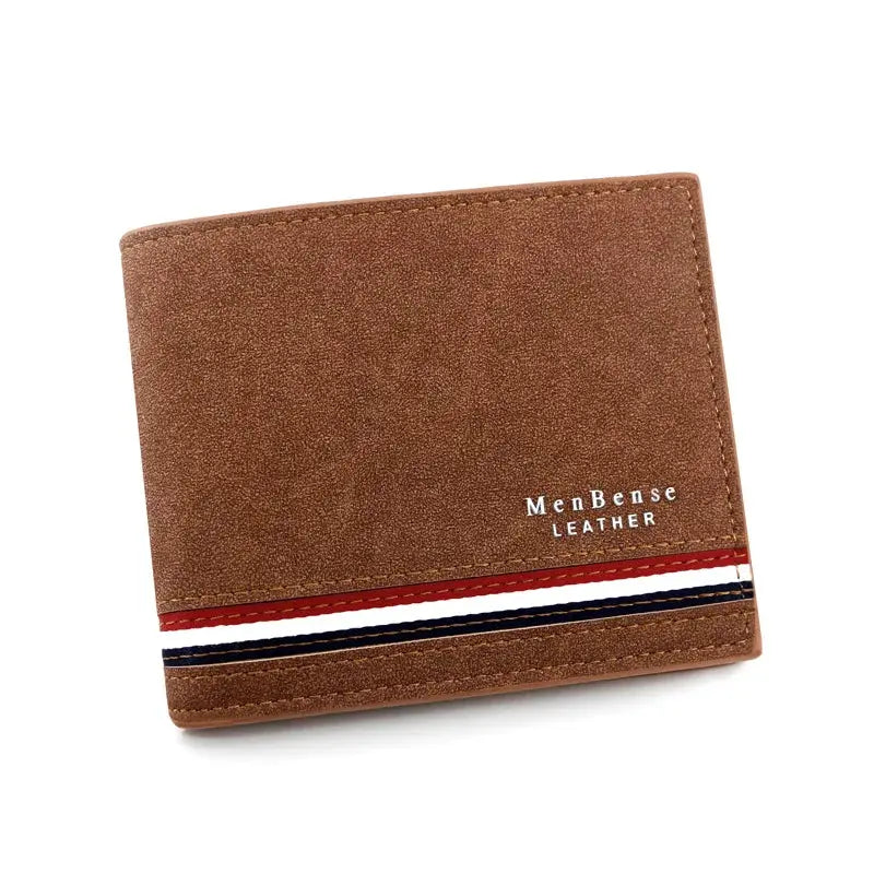 Short men's brown PU leather wallet with red-white-navy stripe and MenBense Leather logo