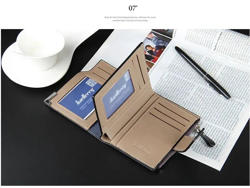 Baellerry short luxury men’s wallet with zipper coin pocket, ID/photo windows and multiple card slots