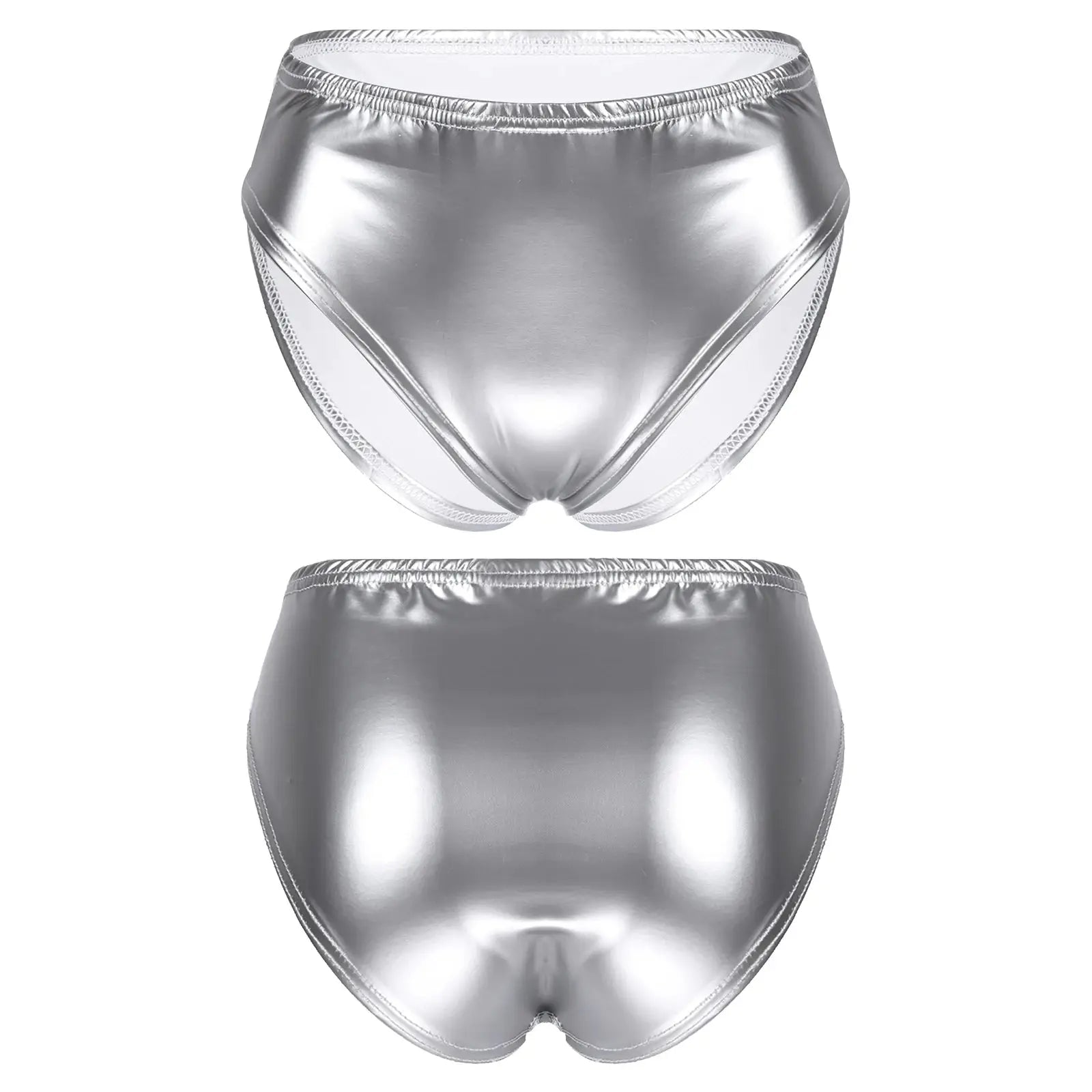 Simples Market women's metallic silver wet-look patent leather briefs; front and back views