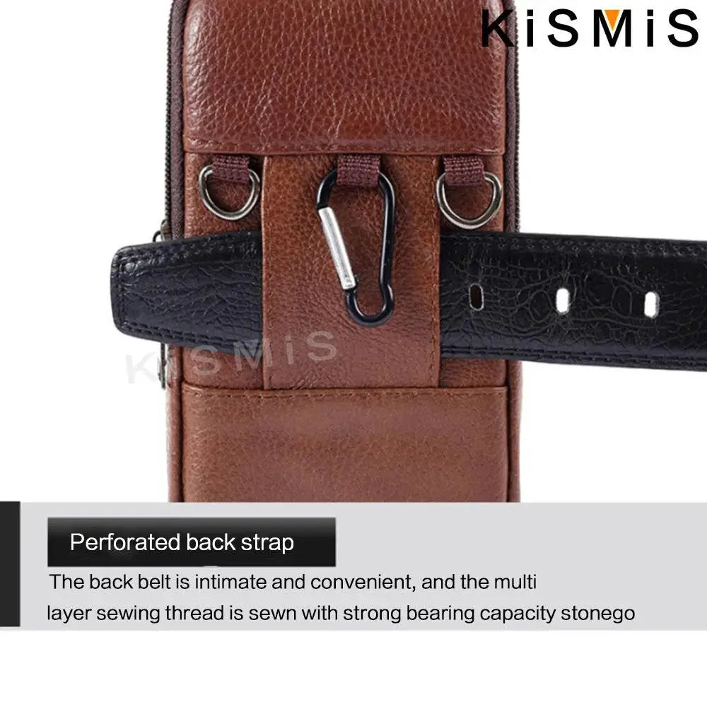 KISMIS men's brown leather waist bag with black belt strap and metal carabiner.