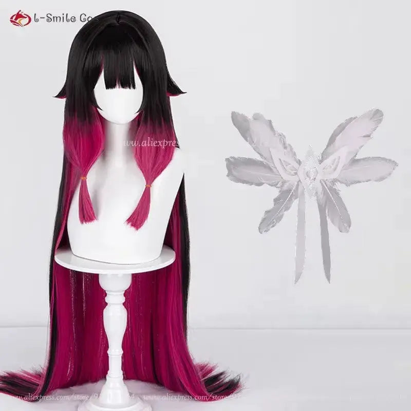 Columbina Fatui Damselette cosplay wig with black-to-pink gradient, long straight hair and bangs, heat-resistant synthetic, includes wig cap