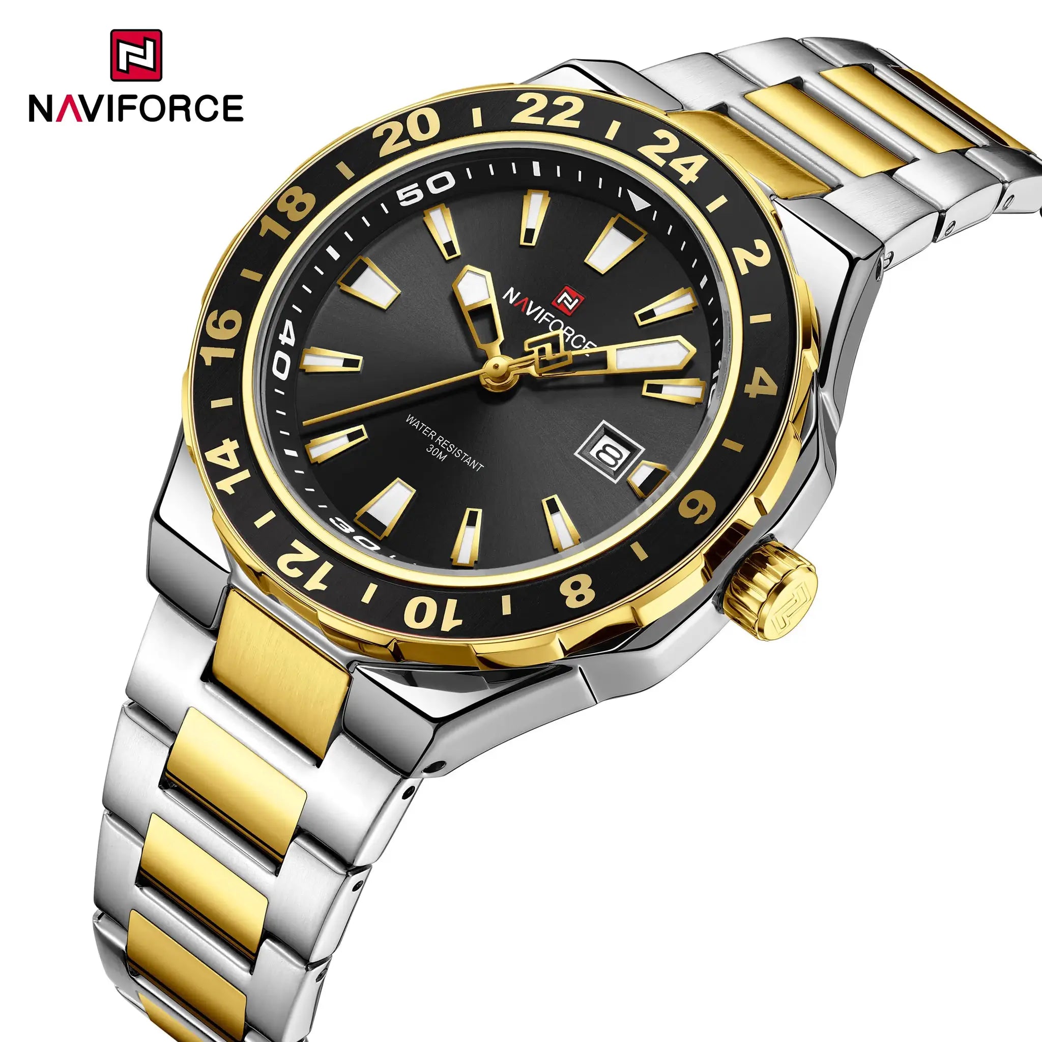 NAVIFORCE luxury stainless steel two-tone watch with gold bezel, black dial, date window