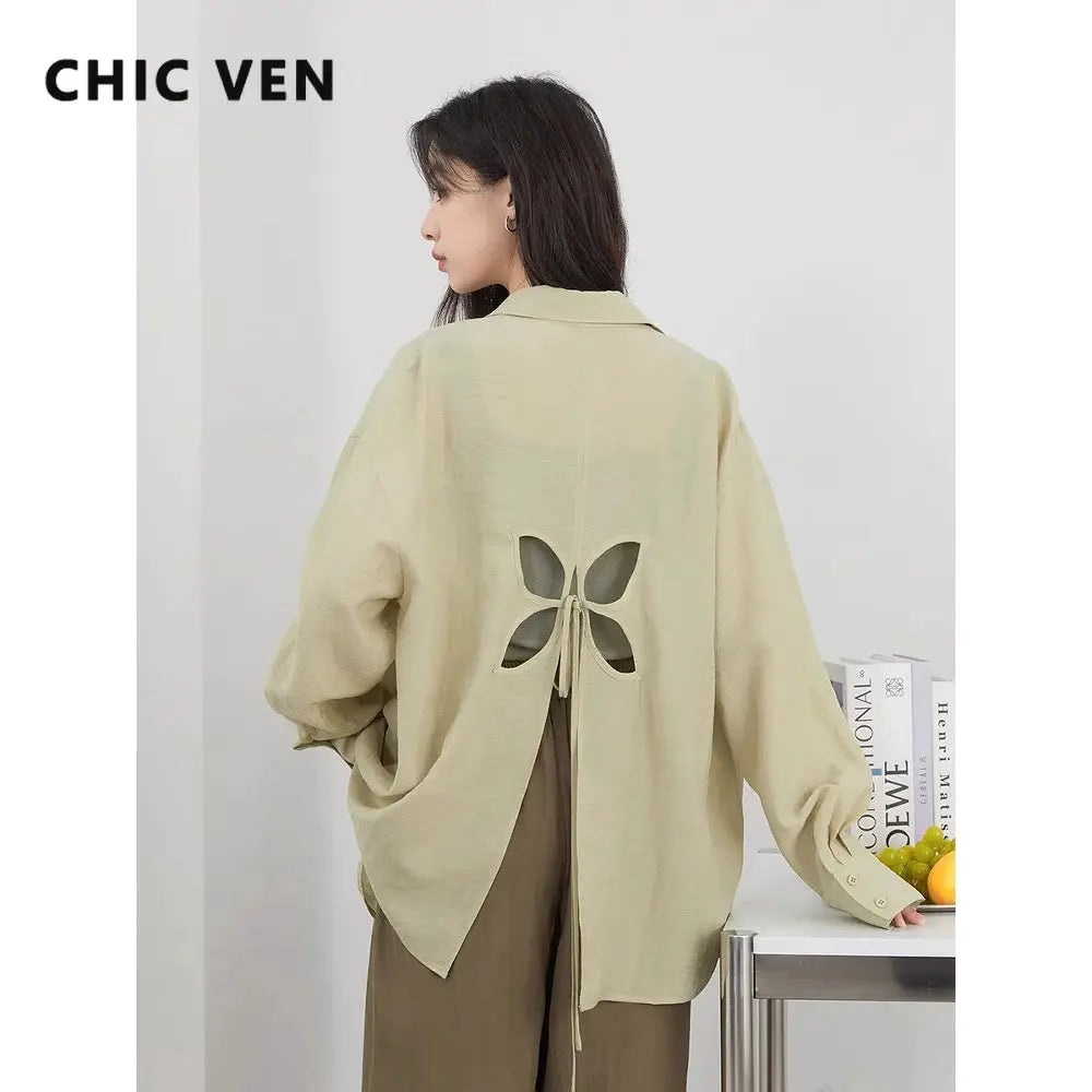CHIC VEN women's loose beige long-sleeve blouse with back flower-cutout and tie detail by Simples Market