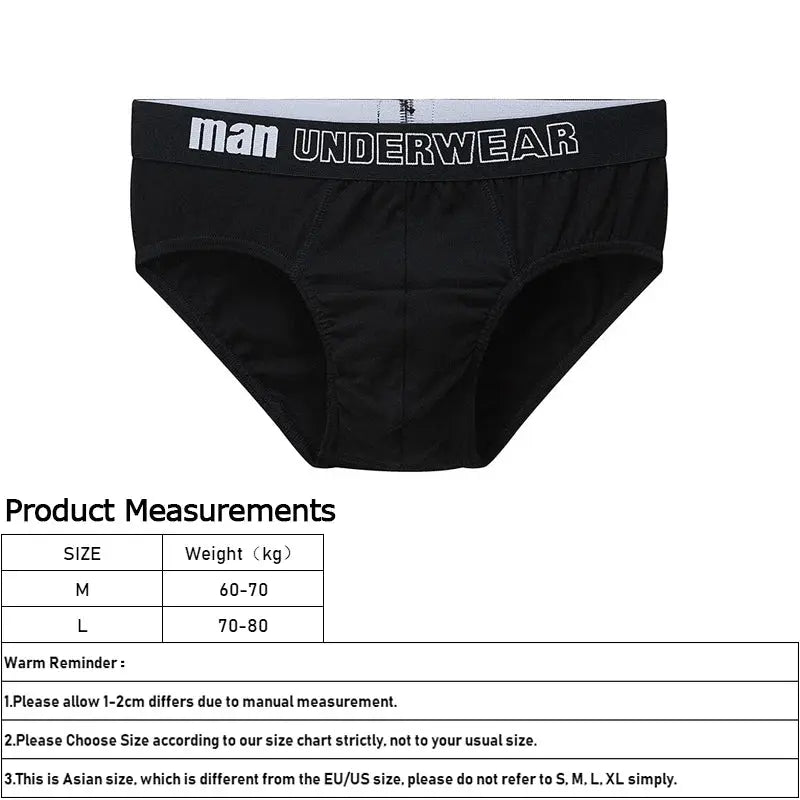 Men's black cotton briefs with elastic waistband reading man UNDERWEAR.