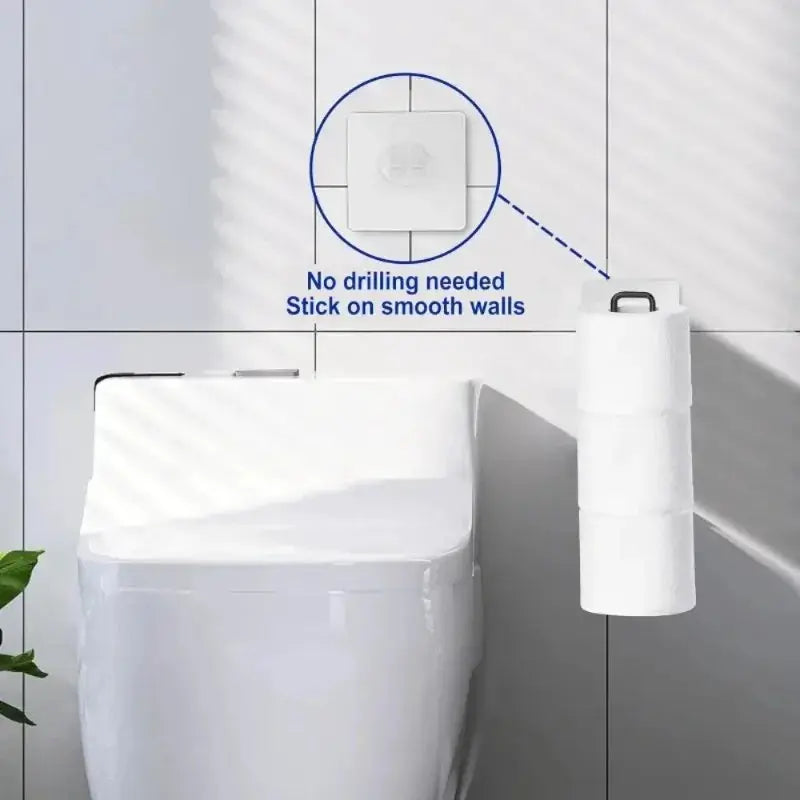 Black iron self-adhesive toilet paper holder with towel bar for no-drill wall mounting on tiled bathroom wall