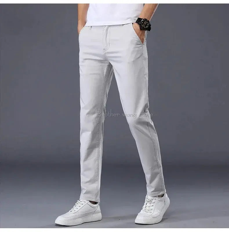 Men's cotton summer pants, light gray, elastic waistband, straight slim-fit trousers