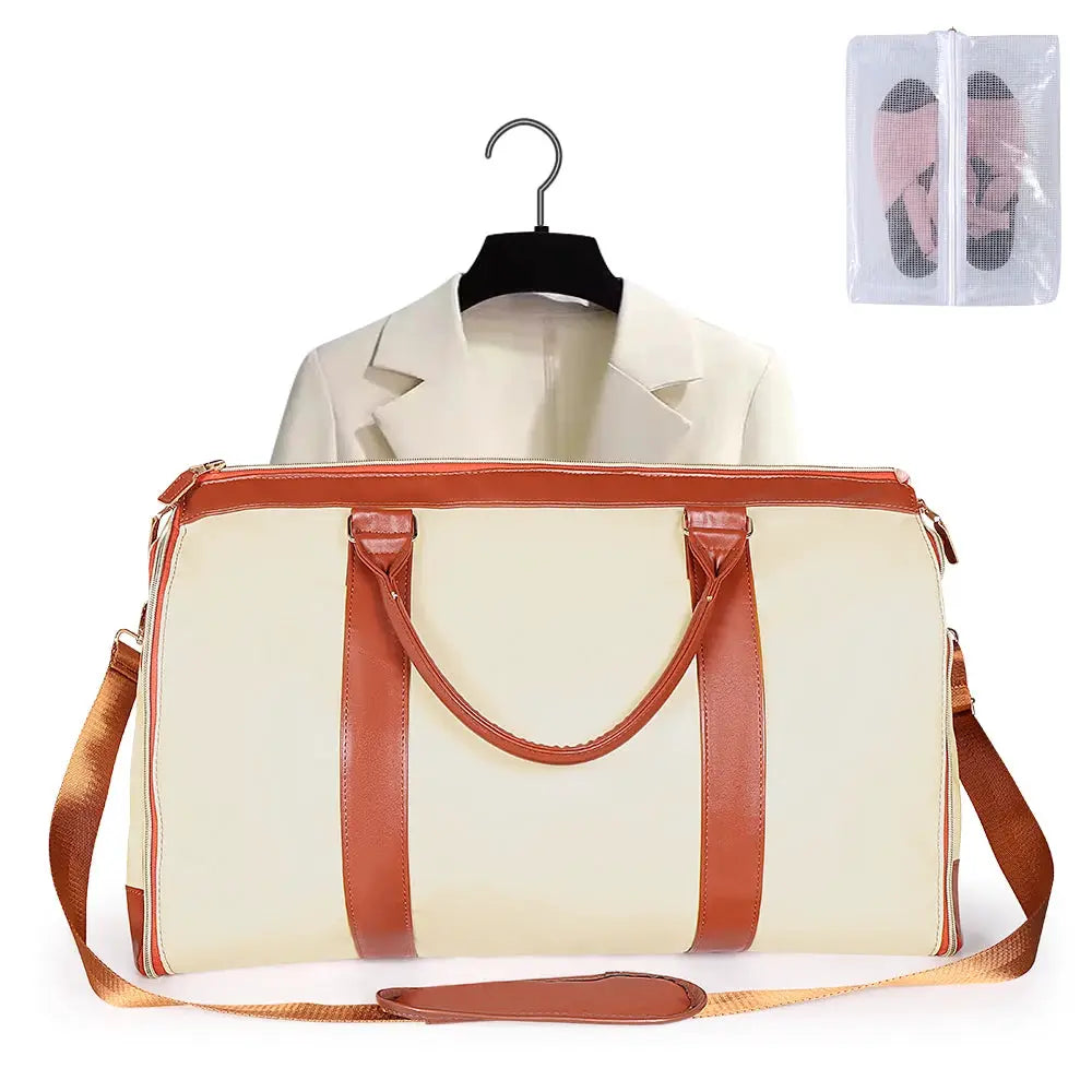 Foldable handbag cream with brown handles and removable strap; large-capacity Simples Market travel tote