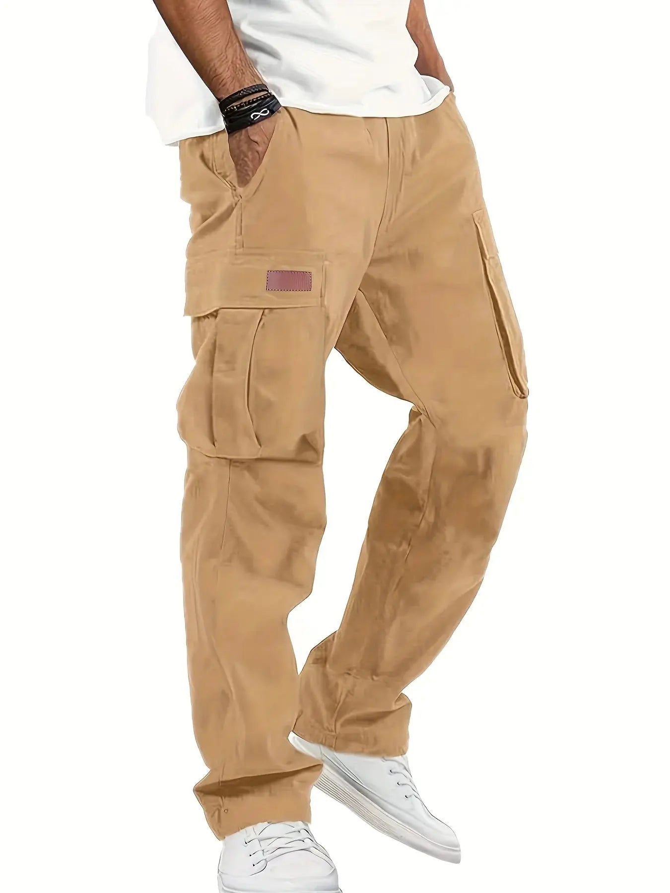 Simples Market men's cargo workwear pants in tan with multiple pockets and a loose straight leg.