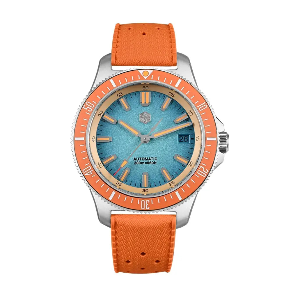 San Martin 40mm dive watch with orange bezel and strap, turquoise dial, automatic movement, 200m water resistant