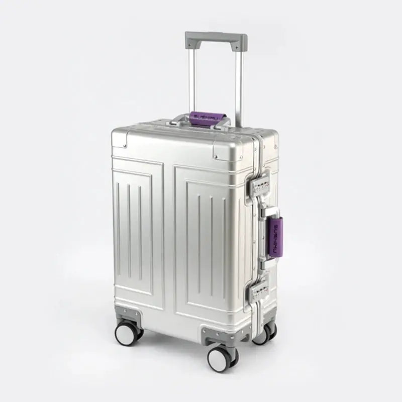 Simples Market aluminum-magnesium travel suitcase, silver with purple locks, 4 spinner wheels