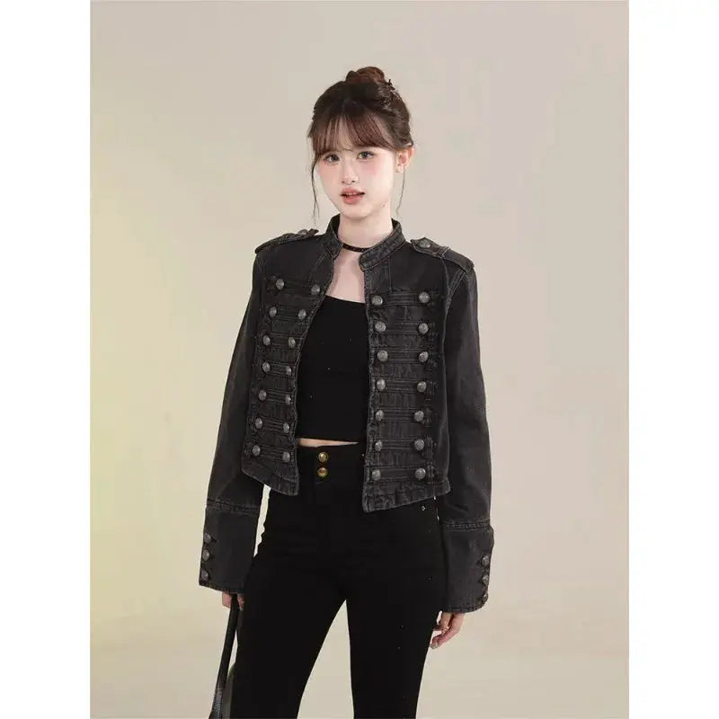 UrbanDenim Women's Short Coat Denim Jacket With Retro Button Design And Stand Up Collar For Slim Fit Autumn Winter Warmth