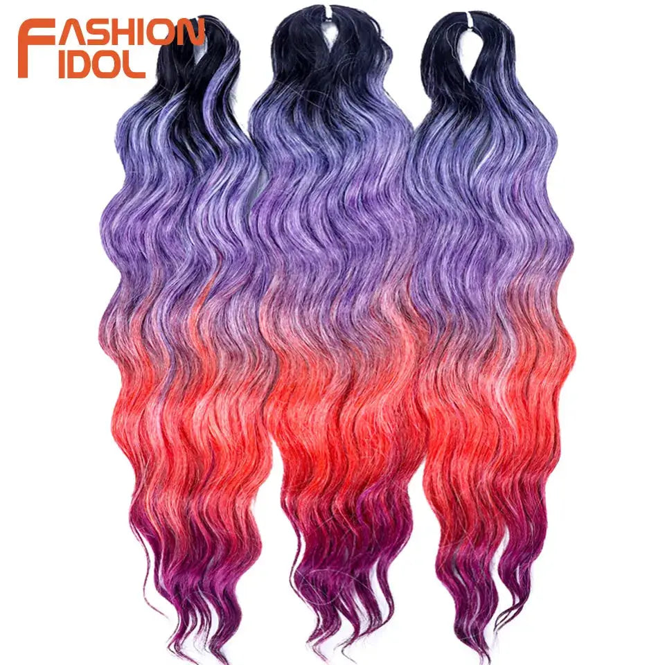 Fashion Idol Anna 24in synthetic water-wave braiding hair extensions, 3-pack ombre purple-to-pink waves