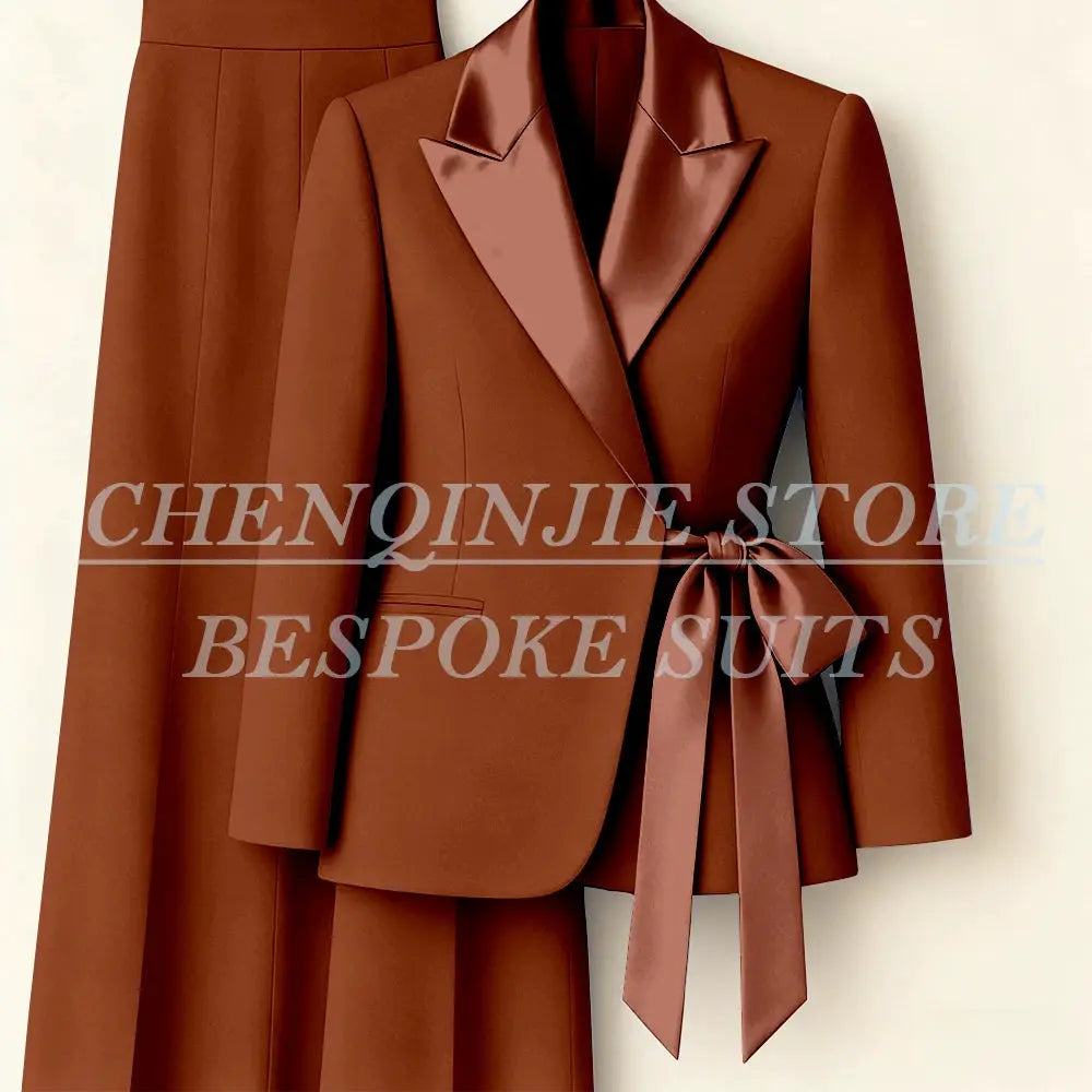 Women's rust-brown blazer suit with satin peak lapels and matching pants, 2-piece set