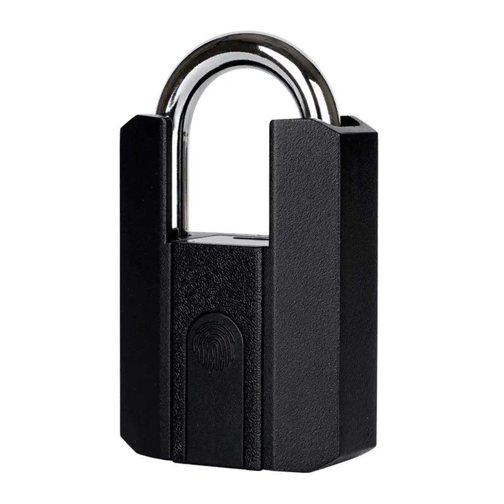 Black BBDHOME smart padlock with fingerprint icon and silver U-shaped shackle